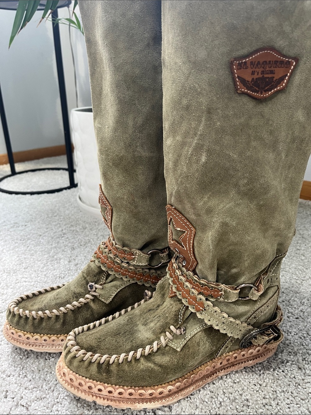 El Vaquero Jager Olive Suede Over-the-Knee Boots braided
